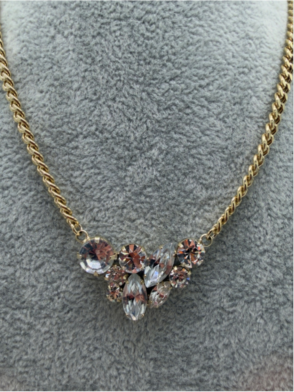 Gold Tone Clear Crystal Cluster Statement Necklace
